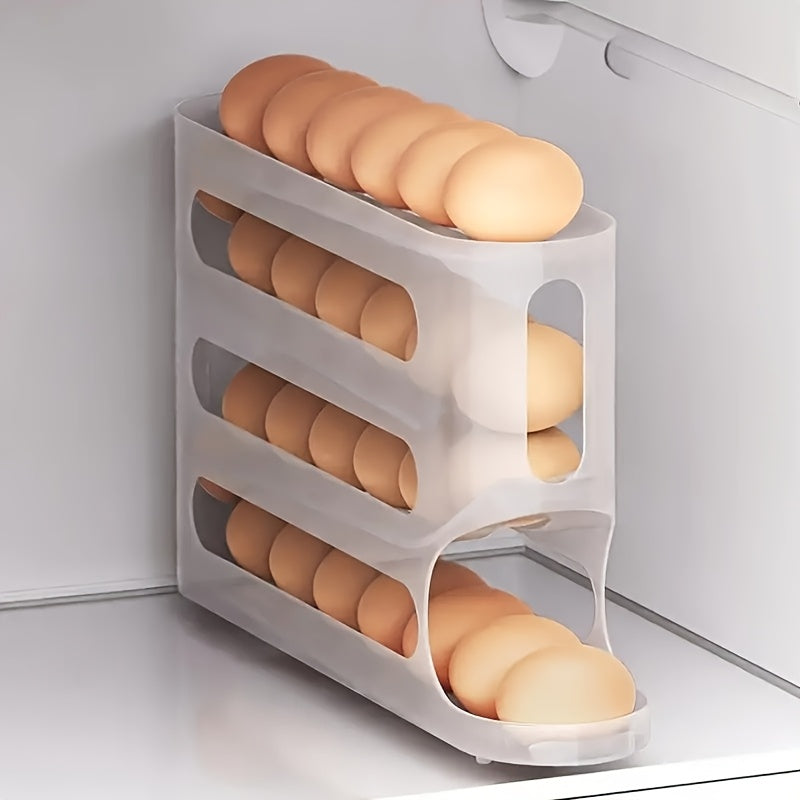 Large capacity refrigerator egg storage box with automatic egg roller slide and 4-layer ladder design.