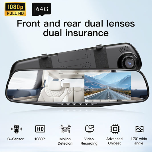 Rechargeable HD 1080P dual-view car dash cam for front and rear panoramic recording, USB powered.