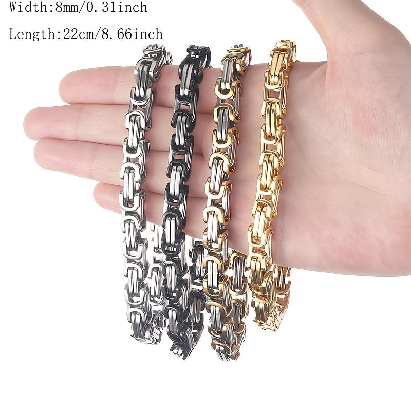 Stylish men's stainless steel chain bracelet in 8mm width, featuring a sturdy Byzantine box chain design. Available in black, golden, or silvery colors, this hip hop inspired bracelet is the perfect accessory for men looking to add some flair to their