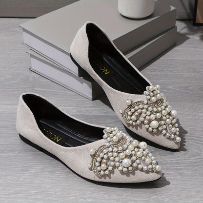 Women's slip-on flats with faux pearl and rhinestone accents, lightweight pointed toe shoes for all seasons, comfortable and casual.