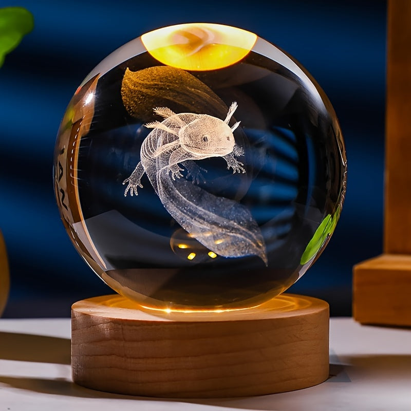 3D axolotl crystal ball gift with wooden light base, perfect for home decor. Ideal birthday present for axolotl lovers, 5.99cm in size.