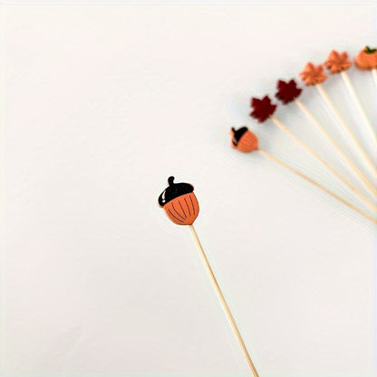 50 bamboo cocktail picks for appetizers and fruit skewers, featuring decorative leaves, pumpkins, and acorns. Perfect for Thanksgiving, Halloween, Christmas, Easter, and parties.