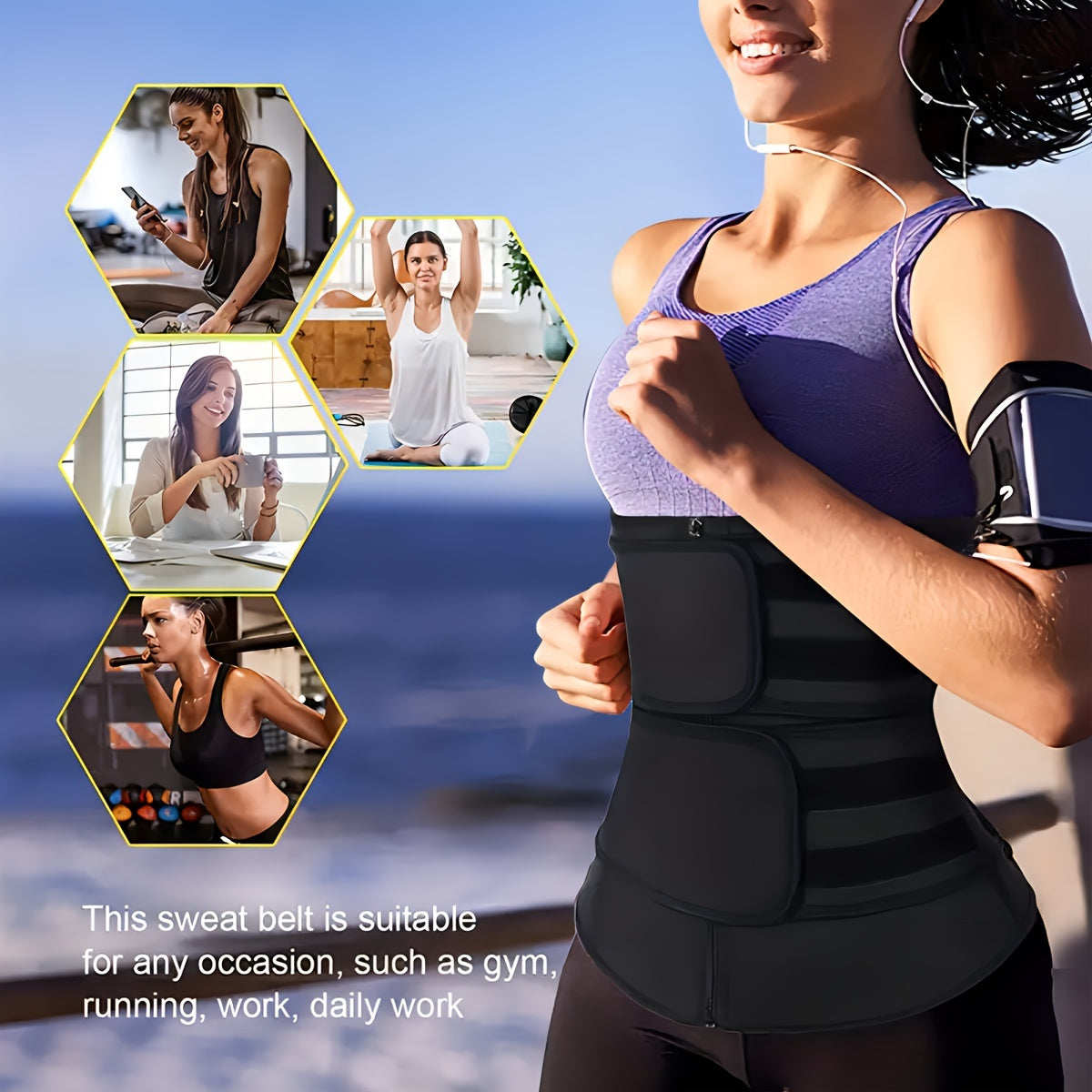 Neoprene and polyester sports waist trainer with zipper closure, thermal activity, medium control level, machine washable, sweat-wicking.