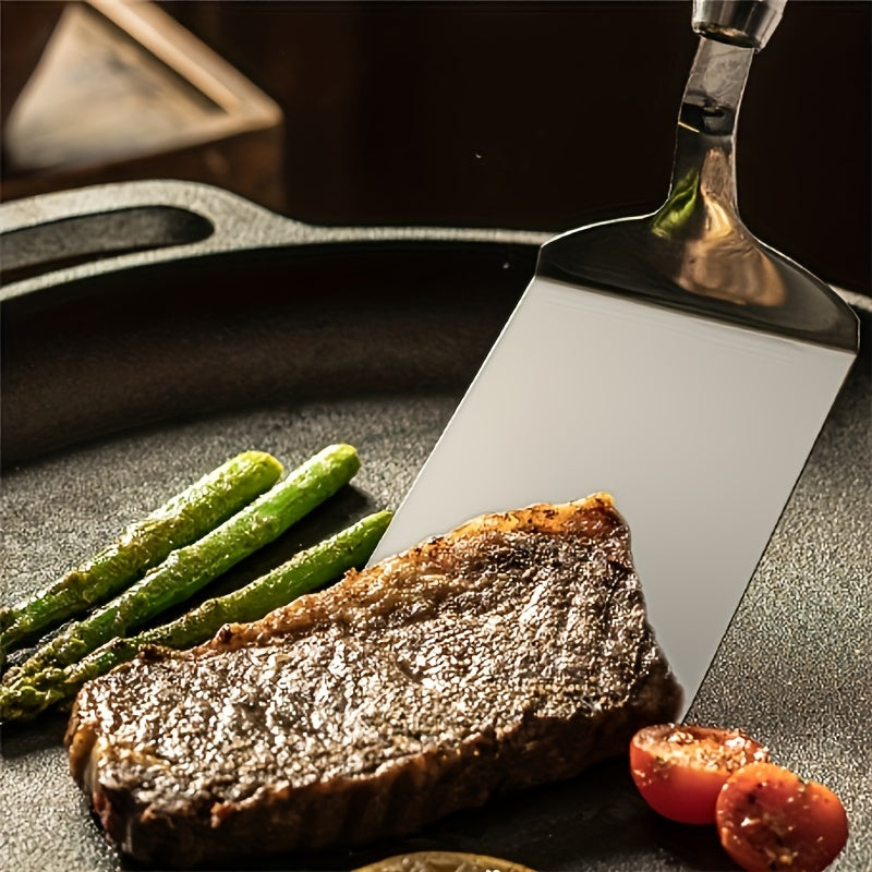 1 piece of stainless steel kitchen utensil set including a steak spatula, cooking shovel, pancake scraper, steak knife shovel, and pizza shovel. Perfect for frying steak, pancakes and eggs. Ideal for apartments, college dorms, and back-to-school supplies.