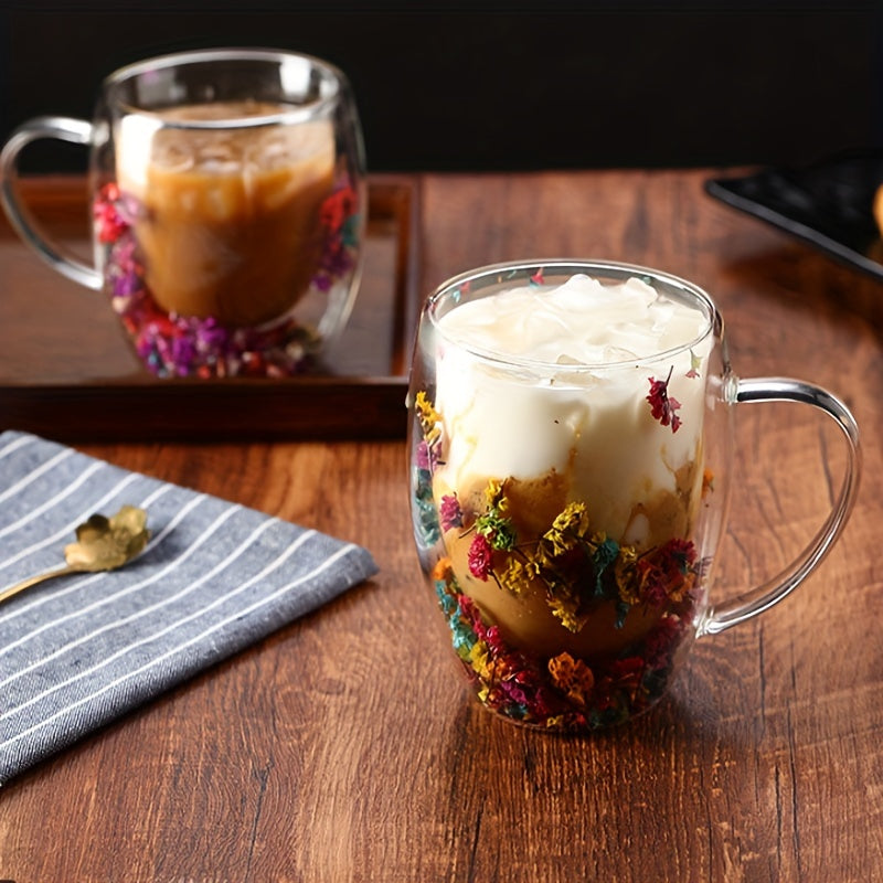 Stylish Double-Wall Glass Coffee Mug adorned with Vibrant Dry Flowers - Holds 250-350ml - BPA-Free - Hand-Wash Only - Great for Hot & Cold Drinks - Non-Slip Design - Perfect Christmas Gift - Ideal for Coffee Lovers & Coffee Bars