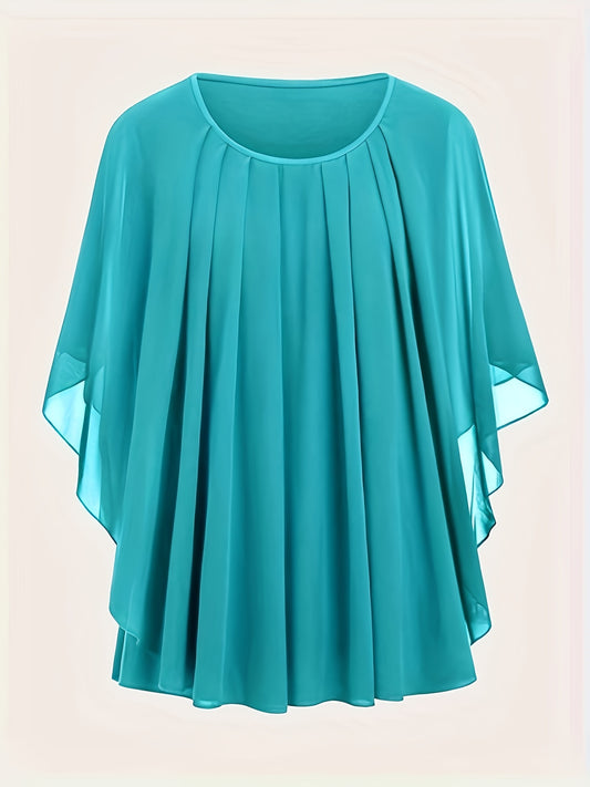 Solid pleated top with crew neck and batwing sleeves, perfect for spring and summer in plus sizes.