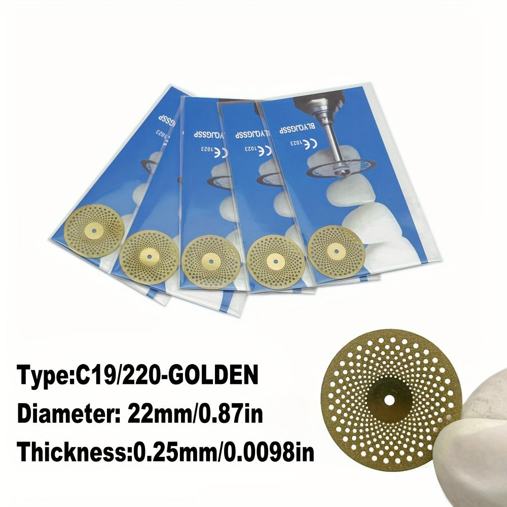 Five dual-sided diamond cutting discs for dental labs, in silver or golden, for high precision grinding and polishing.