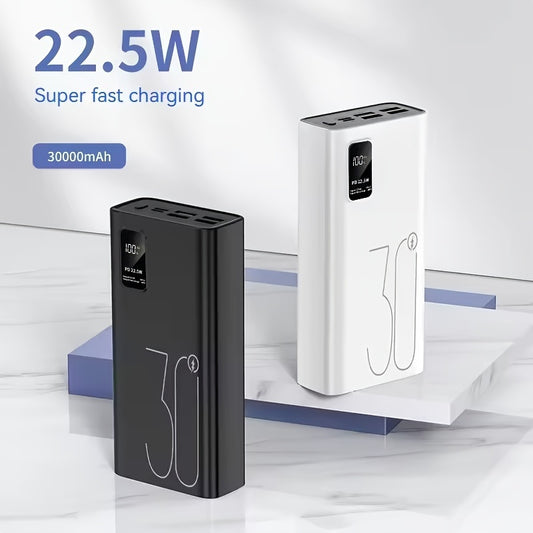 30,000mAh power bank with 22.5W super fast charging, USB Type-C, and dual 20W PD fast charge for mobile devices, operating voltage ≤36V.