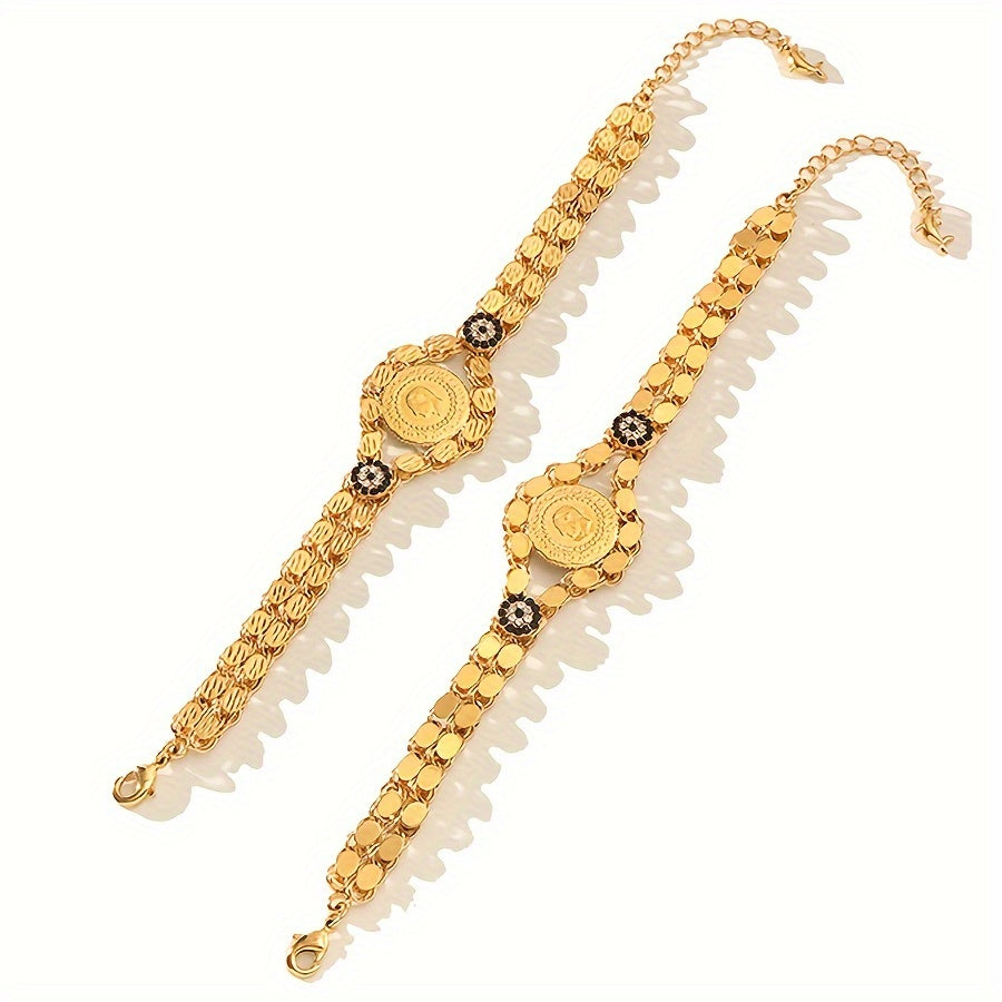 Elegant handcrafted coin bracelet with an ethnic and minimalist style, made of copper alloy with golden plating. Features a portrait pattern, perfect for daily wear and festive occasions. A stylish addition to any woman's fashion jewelry collection.