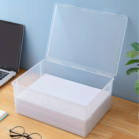 Large A4 plastic storage box with flip lid, transparent, ideal for documents, pens, glasses, and more in home, school, or office.