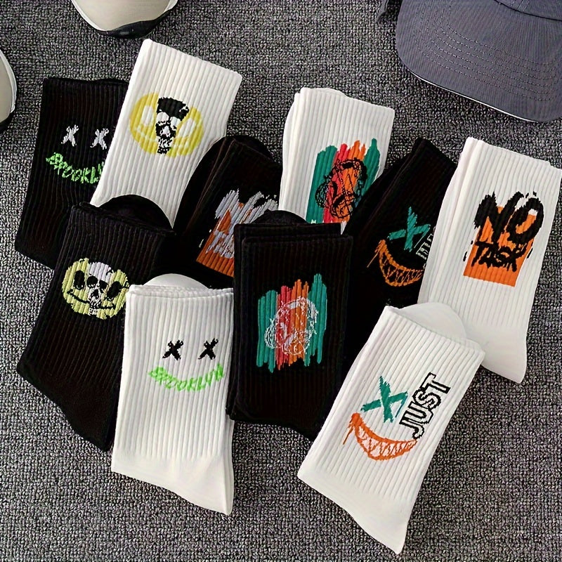 Five pairs of black and white graffiti mid-calf sports socks for men and women.