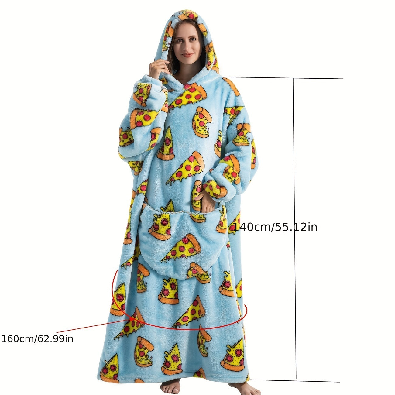 Stay warm and stylish in our oversized hoodie wearable blanket featuring a fun pepperoni pizza print. Made from super soft, warm polyester, this adult robe comes with a large front pocket for your convenience. Perfect for both men and women, this