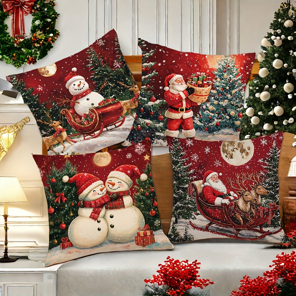 Set of 4 modern Christmas throw pillow covers, woven polyester, hand-washable, zippered, festive holiday prints, sofa and living room décor, 45.01x45.01 cm, insert not included.