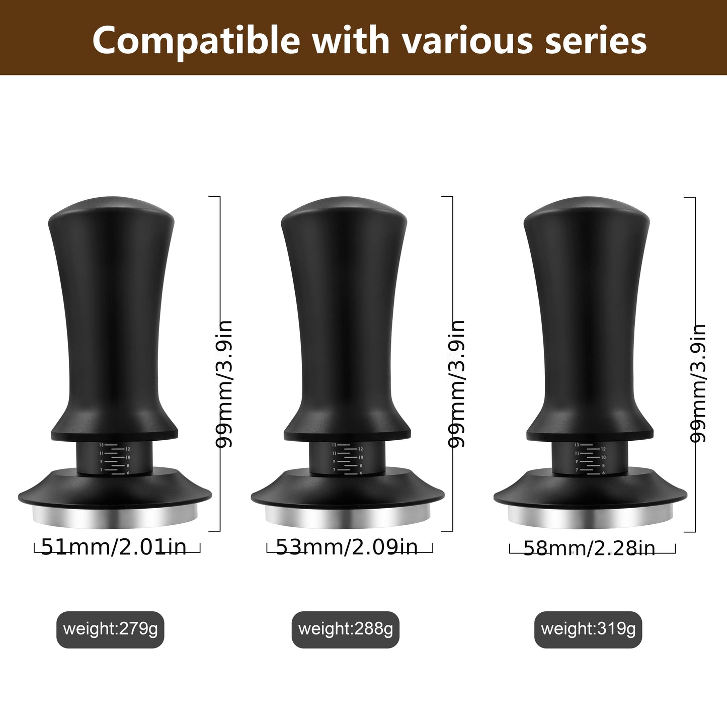 Espresso Tamper Set with Calibrated 51/53/58mm Sizes and Spring Loaded Handle, Stainless Steel Flat Base Coffee Tamper