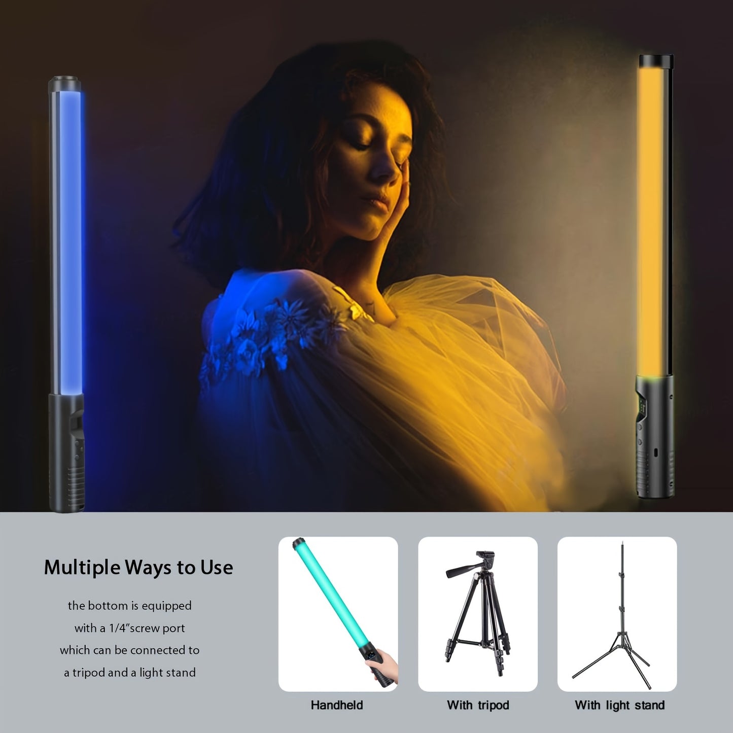 Handheld RGB video stick light with adjustable color temperature and CRI 95+, built-in battery, tripod stand, and dimmable panel for various uses.