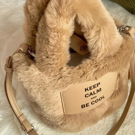 Stylish khaki bucket bag for women with faux fur, magnetic closure, spacious interior, fluffy texture, and secure shoulder strap.