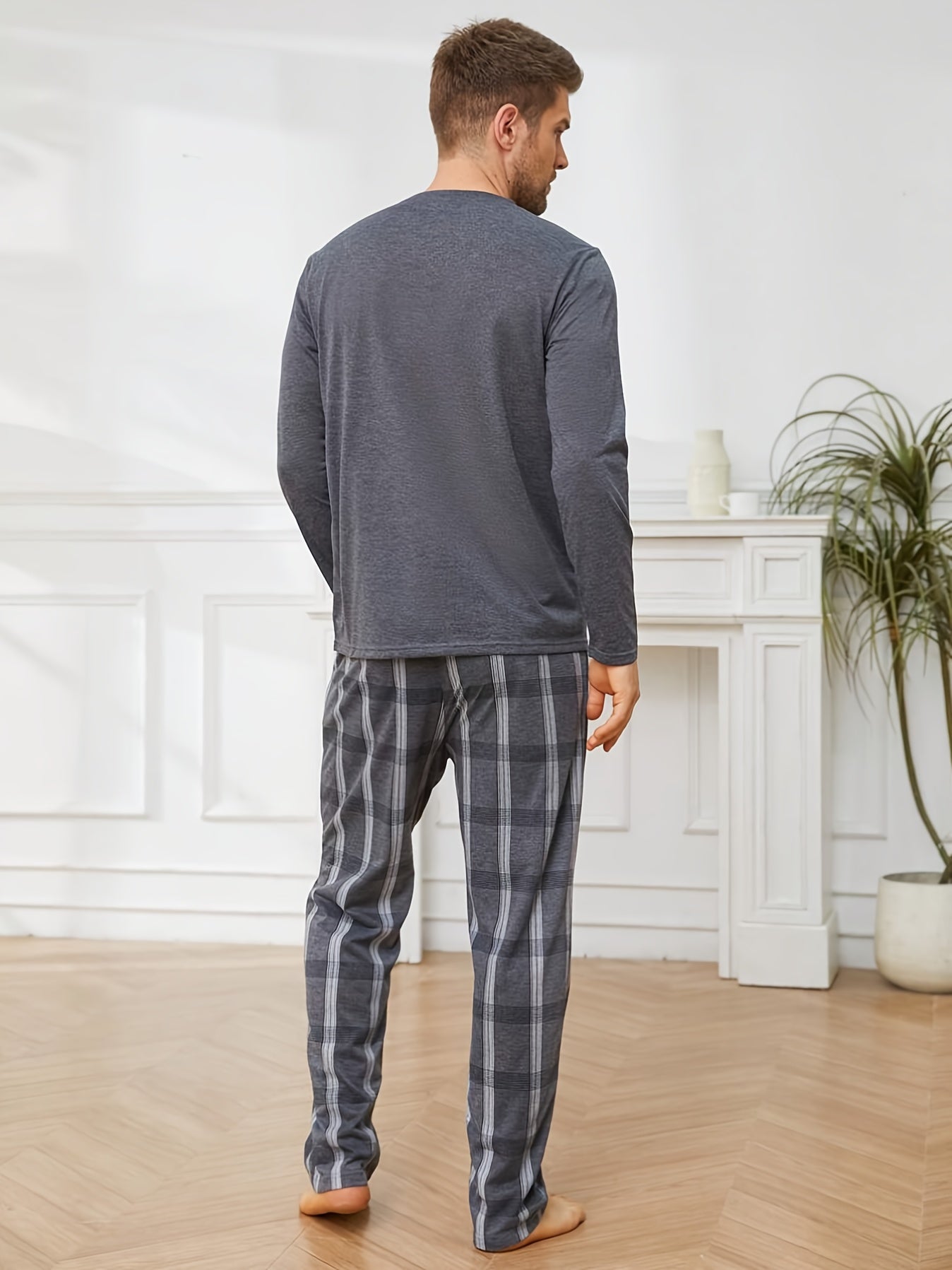 Men's dark gray plaid pajama set with pockets - includes long sleeve round neck top and pants. Made of polyester blend and machine washable.