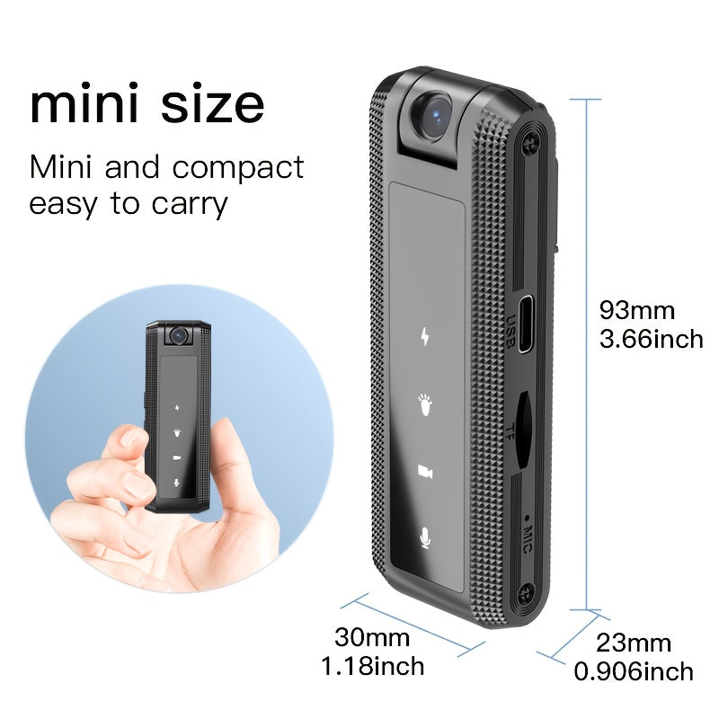 Compact black digital video camera with audio recording, 1080P full HD, night vision, manual focus, rechargeable battery/USB power, TF card slot, ideal for business meetings and outdoor use.