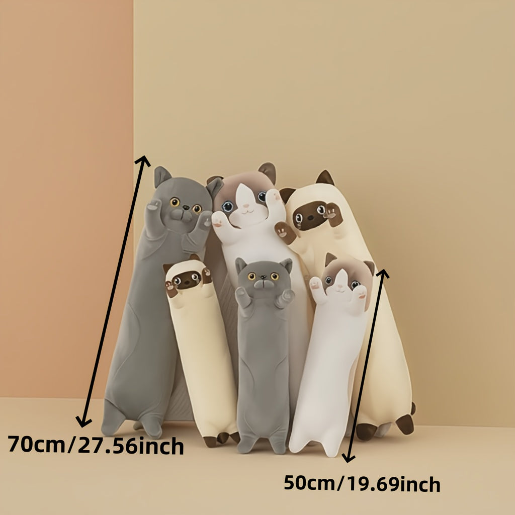 Adorable Cartoon Cat Plush Long Hug Pillow made of soft polyester, suitable for small dogs & cats. Ideal sofa companion.