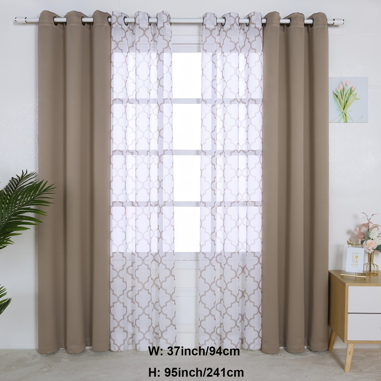 Blackout Curtains and Sheer Panels with Snowflake Pattern, Including Rods, Indoor Set of 4, Weighing 200 Grams in Total.