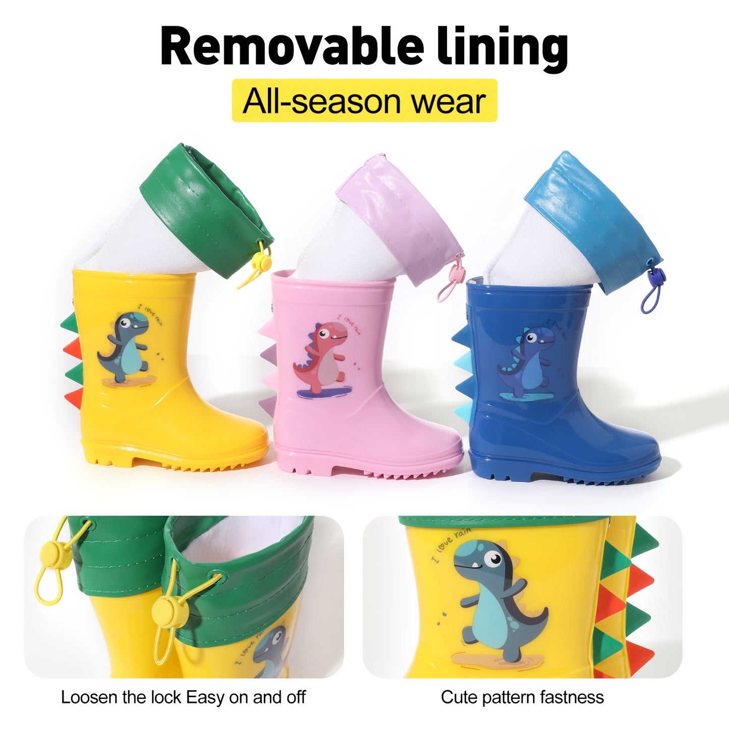 Child's dinosaur rain boots that are thermal detachable, non-slip, waterproof, comfortable, and suitable for all seasons.