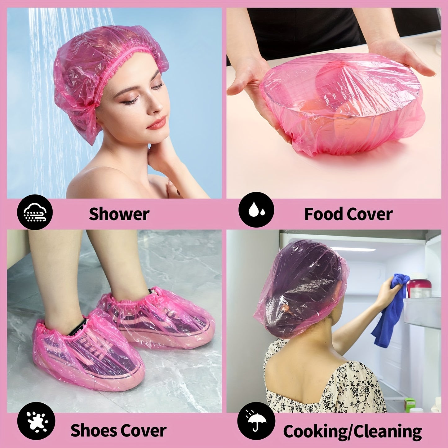 Disposable shower caps for women in a large size, made of elastic, waterproof polyester for use at home, spa, or salon.