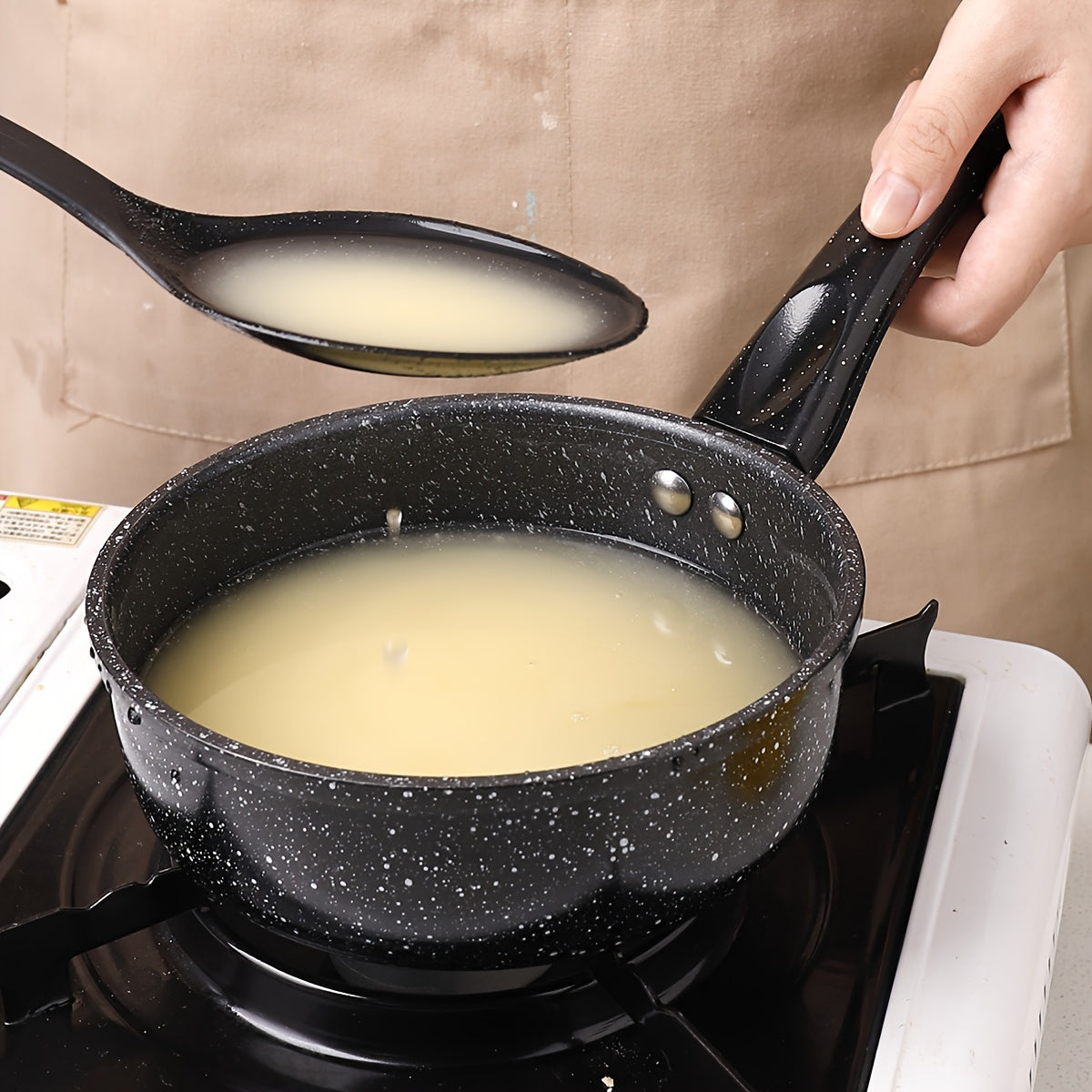 Complete set of kitchen cookware, including a large capacity aluminum soup pot with double ears, non-stick frying pan with long handle, steak pan, household soup spoon, frying spatula, and other essential cooking accessories.