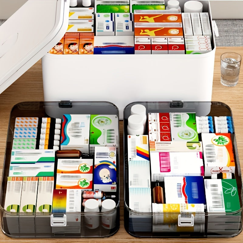 Waterproof multi-layer medicine storage box with snap closure and durable plastic for organizing.