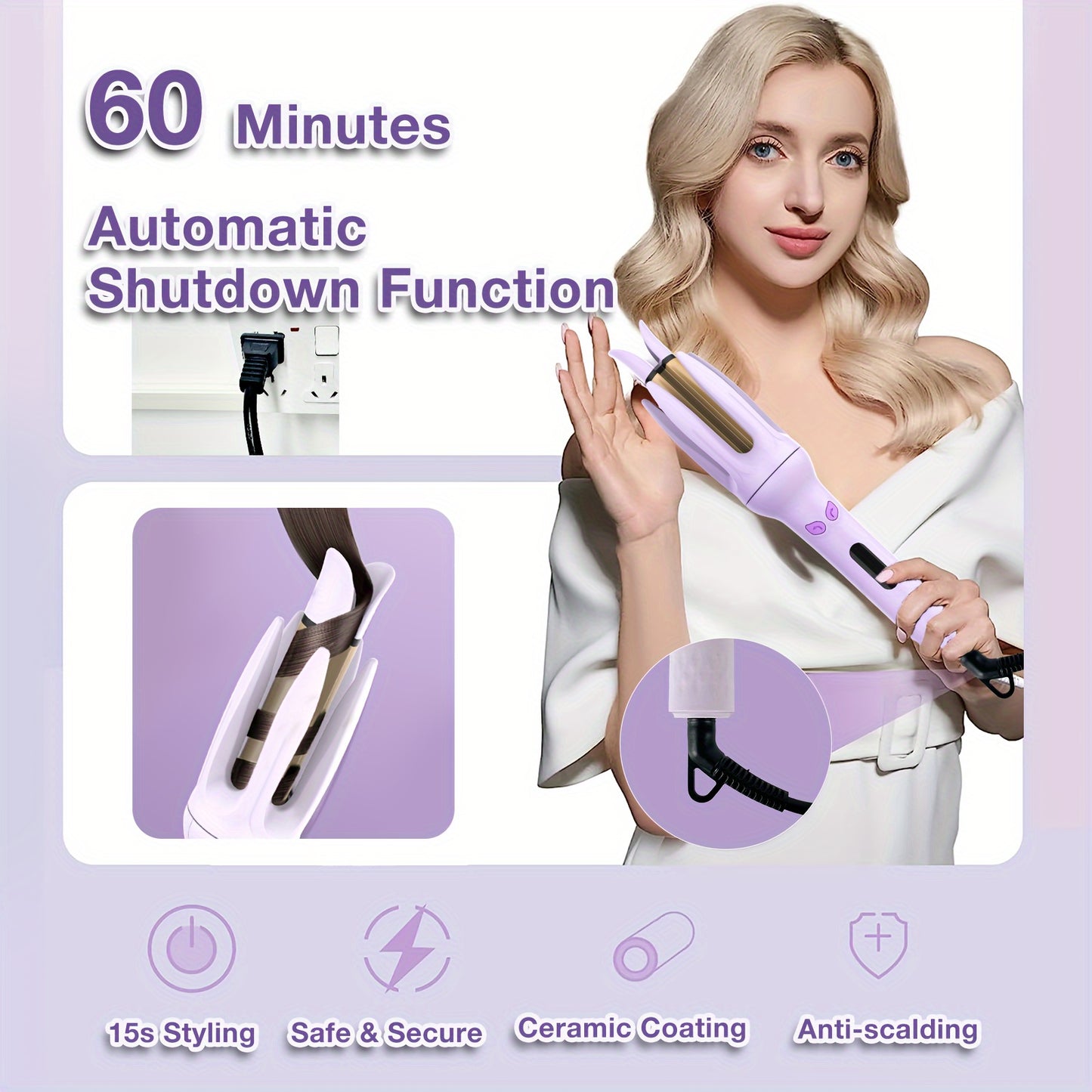 GENAI 28mm Large Barrel Automatic Hair Curler with 4 Temperature Modes, Negative Ion Generator, Timer & Auto Shut-Off, Stylish Purple & Golden Design for Easy Use by Women.