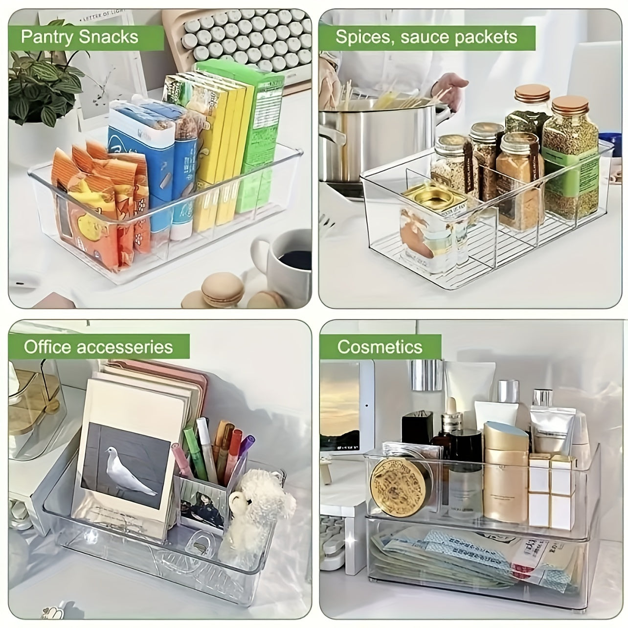 Transparent refrigerator organizer bins available in sets of 2, 4, or 6, featuring removable dividers. Ideal for storing various items such as fruits, vegetables, meat, eggs, ginger, garlic, and more. Perfect for keeping your kitchen organized at home or