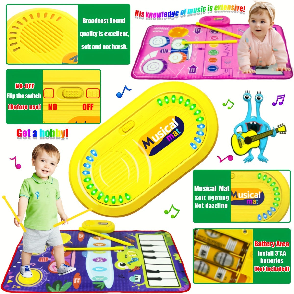 Interactive 2-in-1 Musical Play Mat & Drum Set for Youngsters - Educational Piano Keyboard Toy with Colorful Sound, Dual Instruments, Durable Polyester, Battery Operated, Random Colors