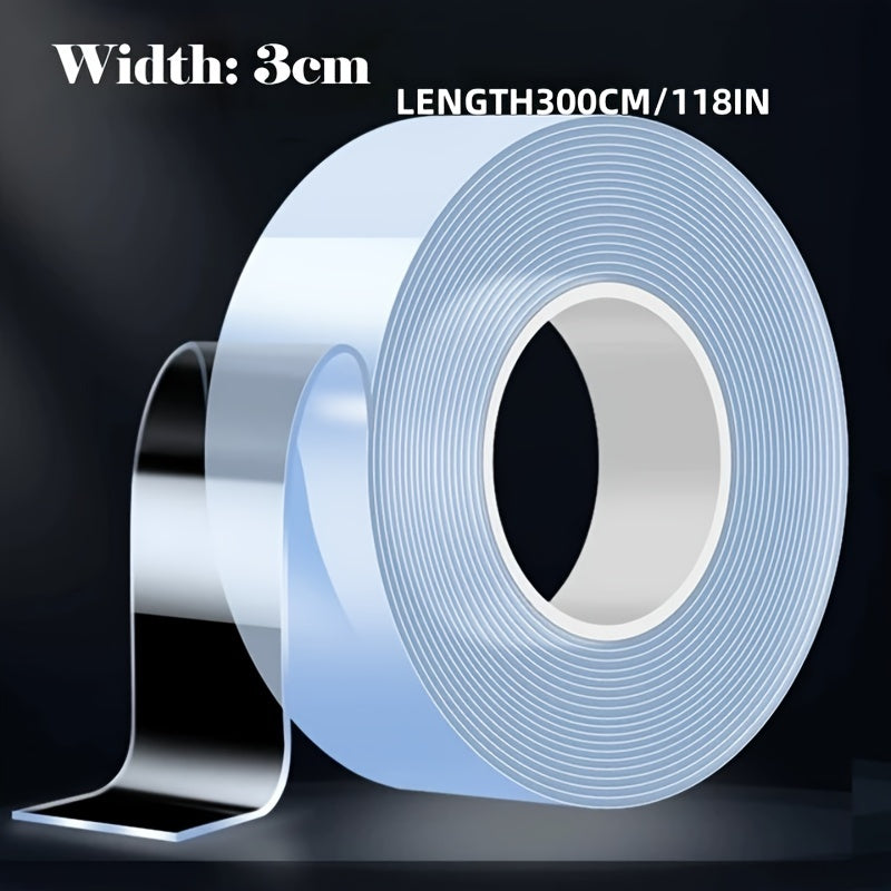 Transparent double sided nano tape for waterproof wall stickers, reusable and heat resistant for home decoration. Strong adhesive strips for multipurpose mounting needs.