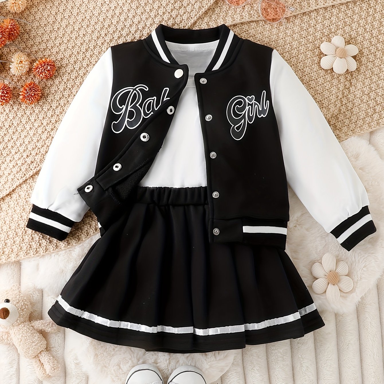 Preppy Style 2-piece BABY GIRL Print Baseball Jacket and Pleated Skirt Set for Parties and Sports, a perfect gift idea.