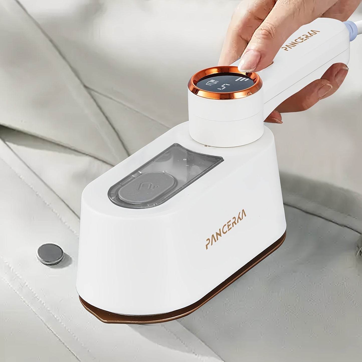 1 piece of PANCERKA 2-in-1 Handheld Garment Steamer Iron with a 1050W power, large soleplate, LED display, and 3 adjustable steam levels. Made of metal and plastic, this fabric wrinkle remover is travel-ready with a 220-240V EU plug.