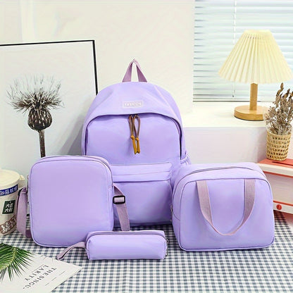 Set of 4 backpacks, cross body bag, handbag, and pen bag in classic solid colors. Suitable for both women and men for casual travel with large capacity. Ideal for schoolgirls and students