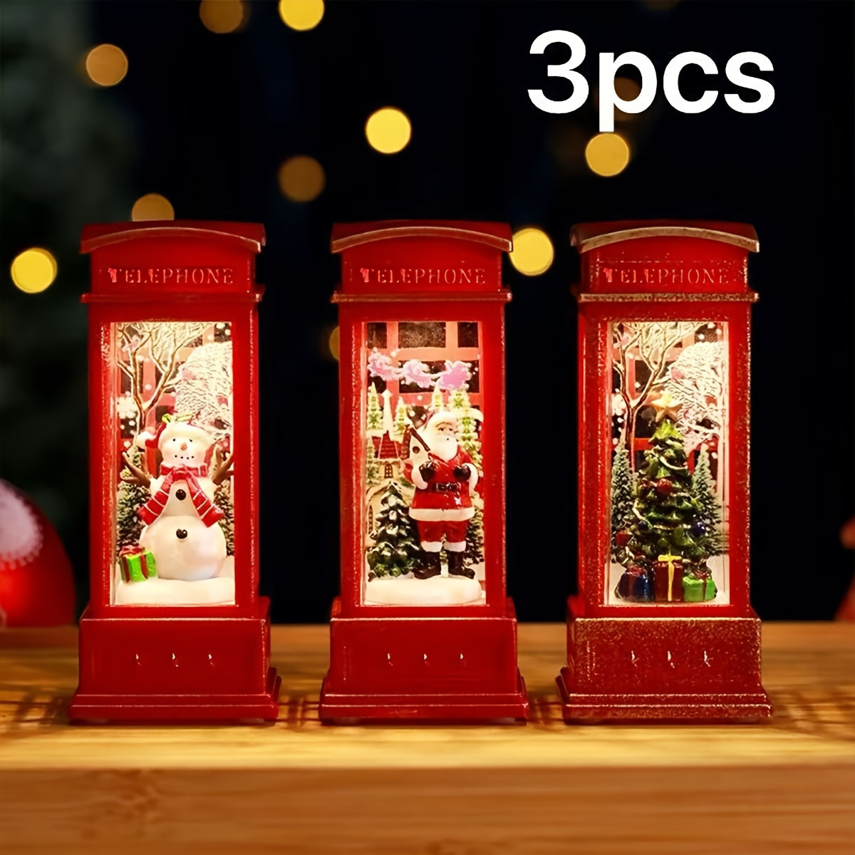 Festive Christmas phone booth decoration featuring Santa, snowman, and tree scenes. Battery-operated with illuminated red cabinet for holiday display.