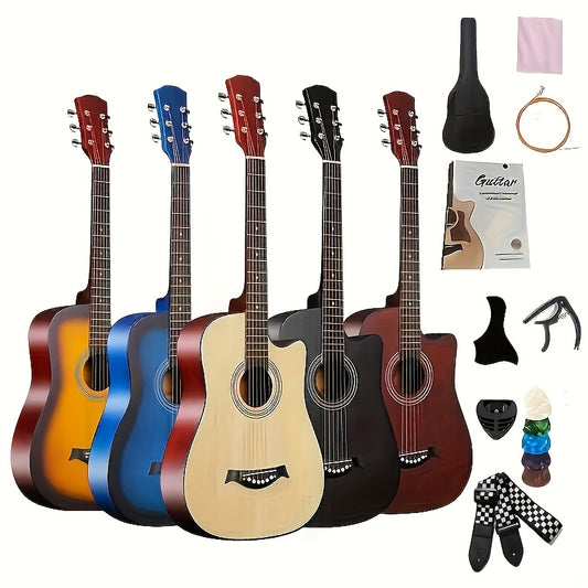 Comprehensive acoustic guitar starter kit with premium basswood guitars in various colors, accessories, and teaching materials - perfect for all skill levels, including beginners and