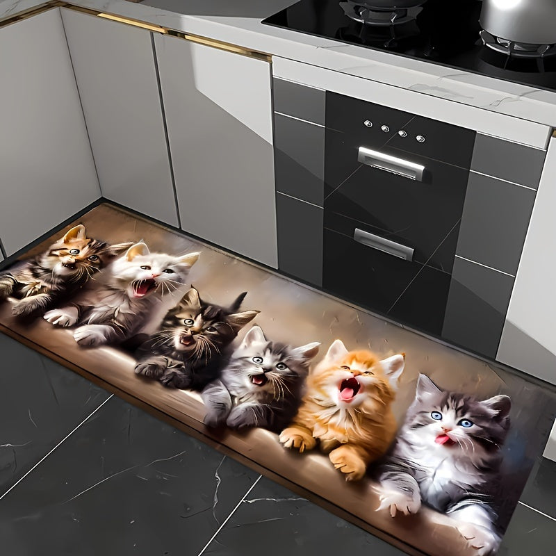 Soft and non-slip cat pattern runner rug, perfect for any room in your home. Made from machine washable, low pile polyester blend for easy cleaning. This comfortable floor mat is ideal for adding a touch of style to your kitchen, living room, bedroom