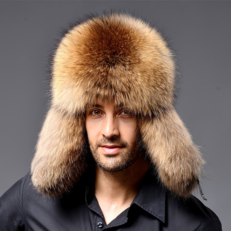 Luxurious Men's faux fur trapper hat with bomber style, fluffy fur trim, Russian ushanka design. Handwash/dry clean, polyester lining for winter comfort.