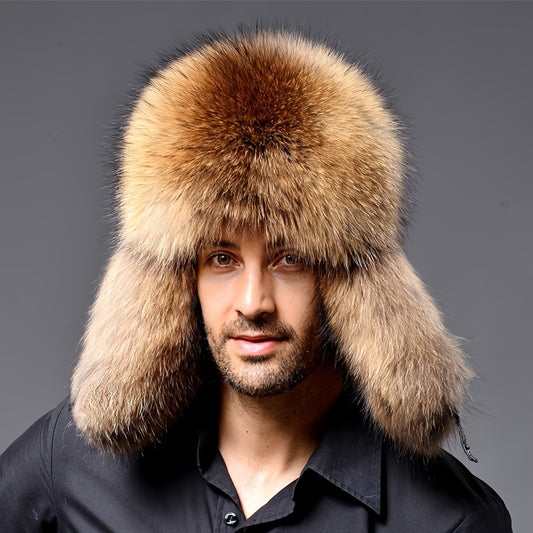 Erkaklar uchun hashamatli sun'iy mo'yna traper shlyapa, bombardimon uslubi, yumshoq mo'yna trim, Rossiya uslubidagi ushanka. Qo'lda yuvish/quruq tozalash, qishki qulaylik uchun polyester astar.