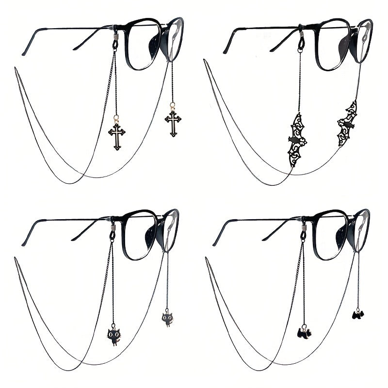 Halloween Goth Glasses Chain with Cross, Bat, Cat, and Puppy Decor - Sunglasses and Reading Glasses Lanyard Strap with Cute Face Covering Retainer - Set of 4 pieces