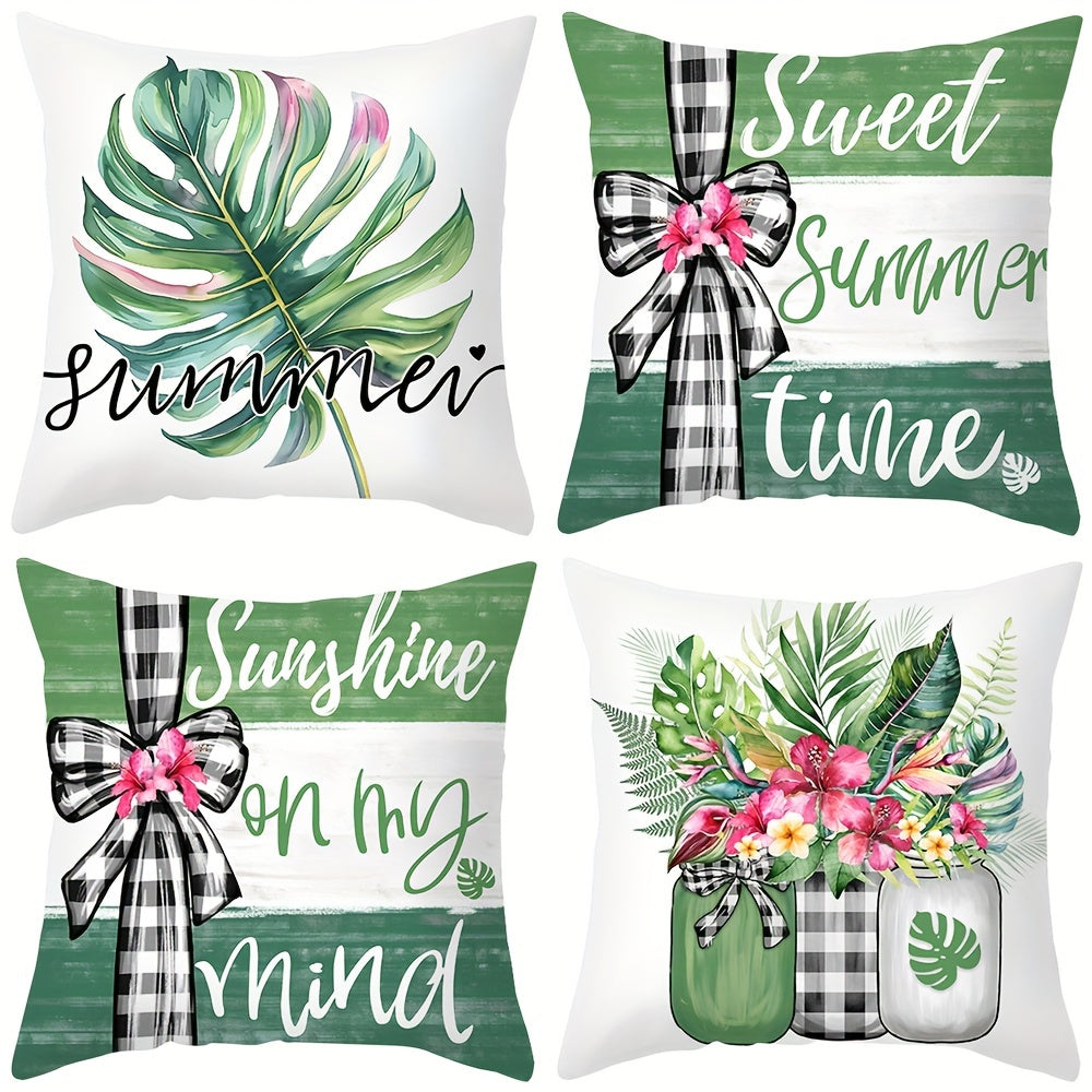 Brighten up your space with the "Sunshine on My Mind" Green Leaves Throw Pillow Cover. Measuring 43.99cm square, this pillow cover is made of stain-resistant polyester and features a hidden zip closure for easy removal and cleaning. Perfect for adding a