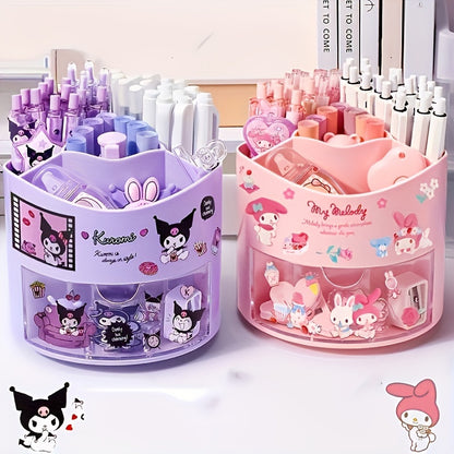 Sanrio Kuromi My Melody rotating pen holder, cute multi-compartment desk organizer made of varnished plastic. Great gift for stationery lovers.