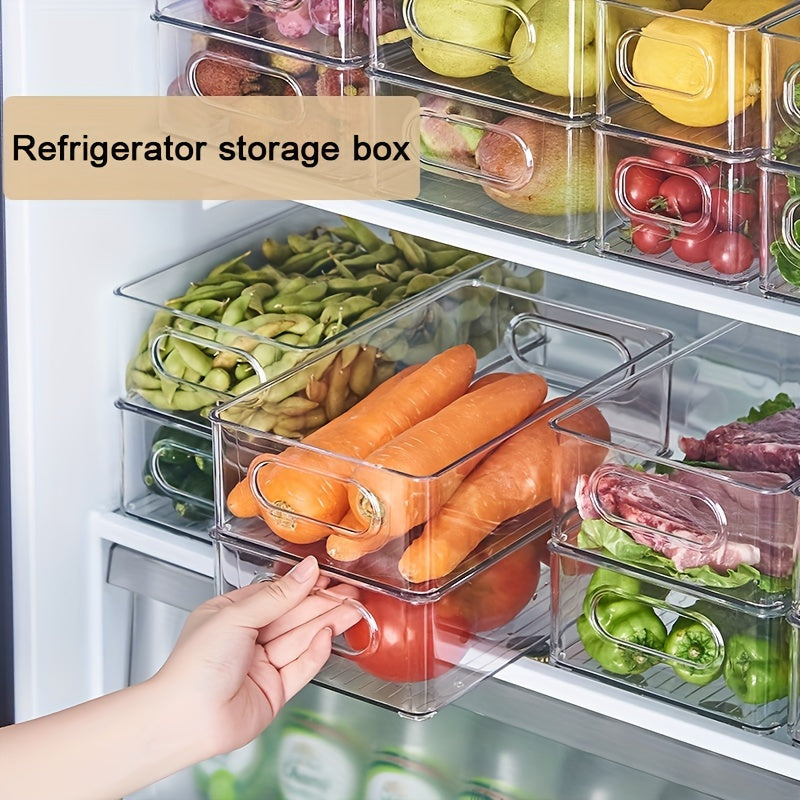 Rectangular Kitchen Refrigerator Organizer Bin made of Transparent Plastic with Handle - Food-Safe Storage Box suitable for Fruits, Vegetables, Meat, Snacks, and Beverages.