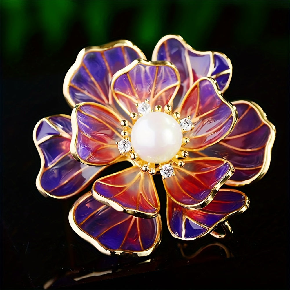 Beautiful Enamel Flower Brooch with Rhinestones and Purple Faux Pearl, Vintage-Inspired and Elegant - Ideal for Adding a Touch of Glamour to Your Winter and Autumn Wardrobe, Perfect for Both Suits and Dresses