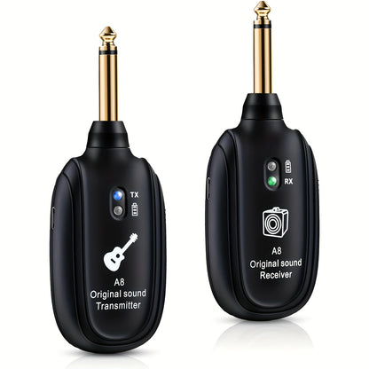 Wireless guitar pickup system with built-in rechargeable lithium battery for audio transmission in electric instruments.