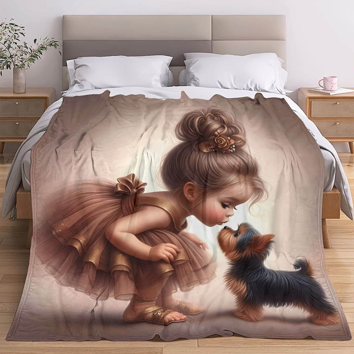 Soft and Warm Flannel Throw Blanket featuring Adorable Girl & Puppy Design - Cozy, Versatile, and Ideal for Couch, Bed, Office, or Travel - Great Gift for Every Season