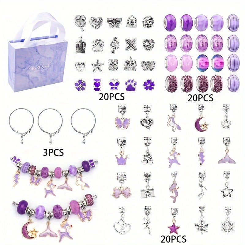 Charm Bracelet Making Kit with 63 pieces, includes large hole pendant, beads, chain accessories and an exquisite gift box for handmade DIY jewelry. Perfect as a jewelry gift set.