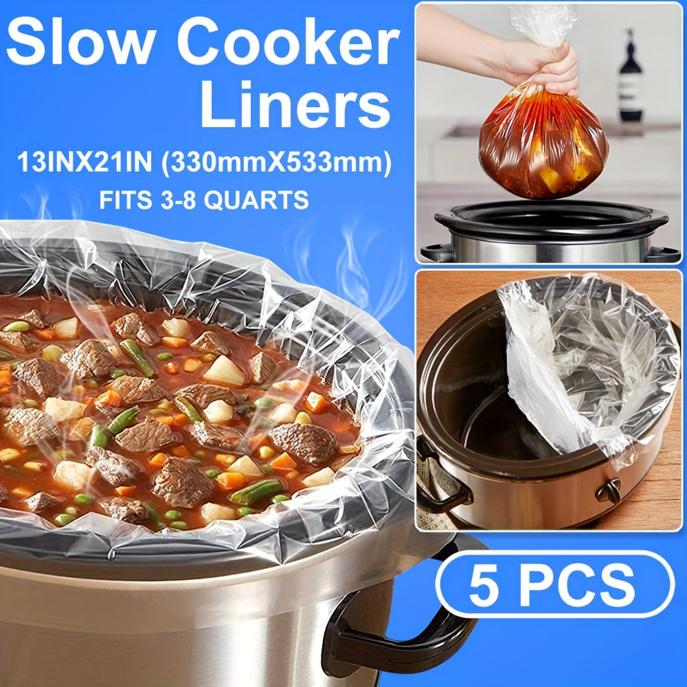 These cooking bags are designed for use with slow cookers, are BPA-free, and are suitable for both oval and round pots. They measure 13 by 53.34 cm and are compatible with sizes ranging from 3QT to 8QT.