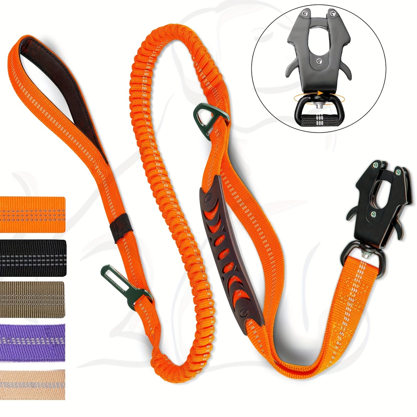 Durable tactical bungee dog leash with quick release carabiner, reflective design, and car seatbelt attachment for medium to large dogs in khaki, black, army green, and orange.